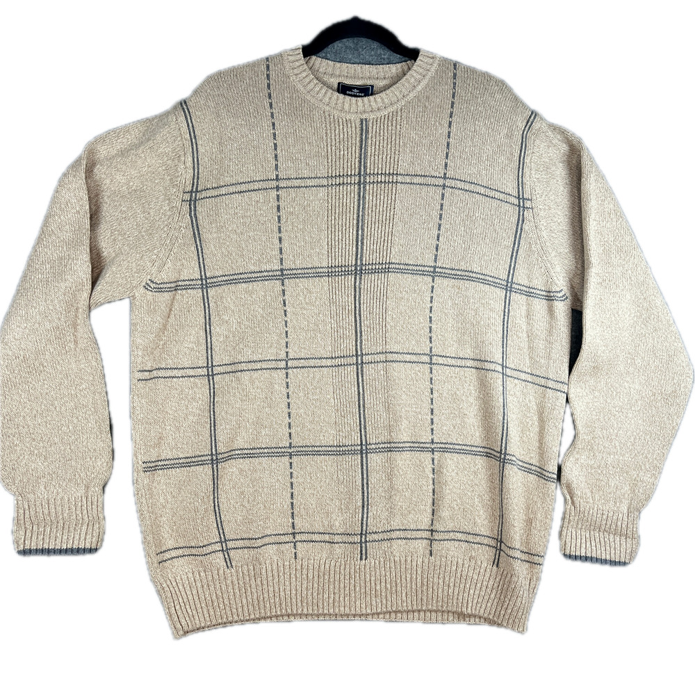 Vintage Dockers Knit Sweater Mens Large Beige Grid Crewneck 90s Classic